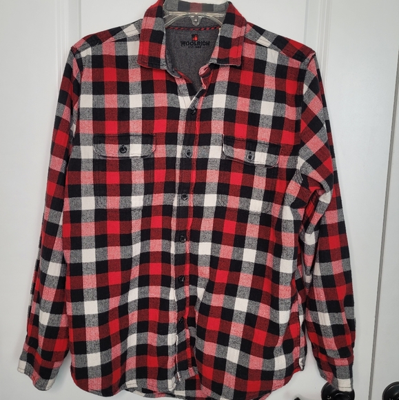 Woolrich Plaid Flannel Shirt Red Black White Cotton Men's Size L - Picture 1 of 10